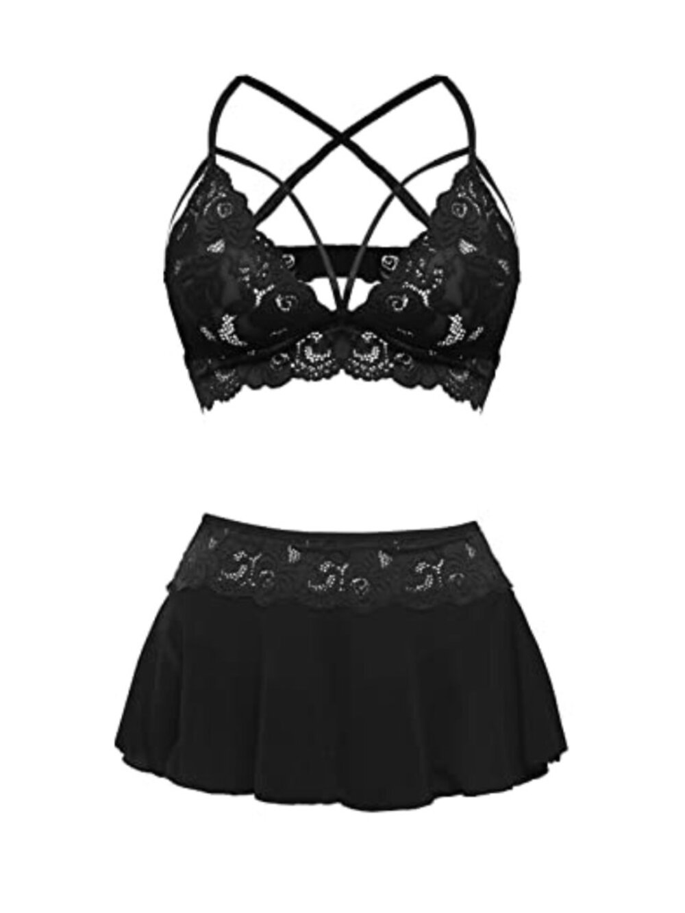 Lace Bralette Mini Skirt G-String 3 Piece Lingerie Set Adjustable Straps